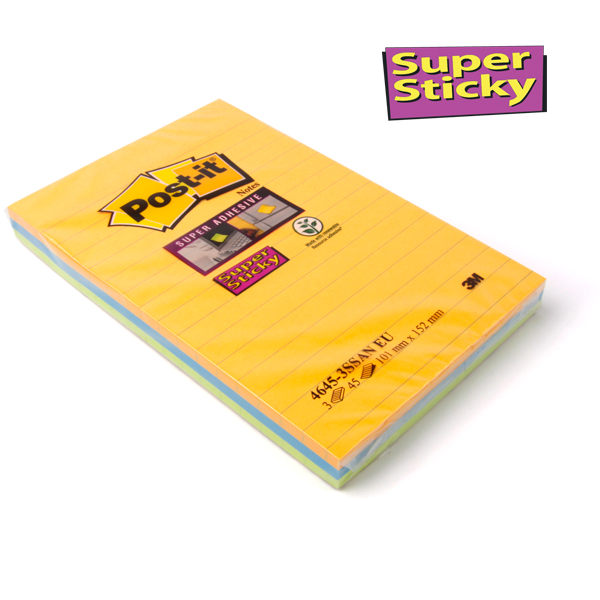 Post-it® Super Sticky Haftnotizen liniert, 101 x 152 mm, Neonfarben